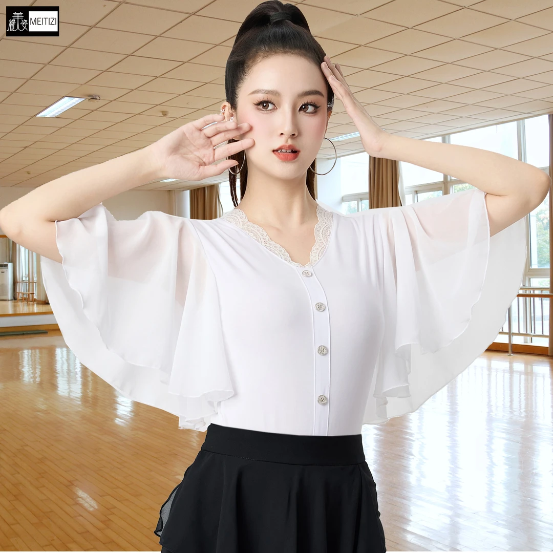 摩登舞上衣女夏季新款V领荷叶袖气质拉丁国标交谊广场舞舞蹈服装