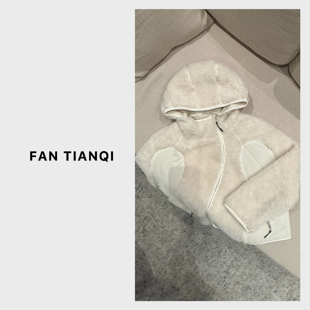 范天奇FAN TIANQI【浅云】拼接连帽毛毛外套FLY25204