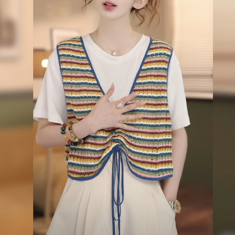 设计感条纹拼接背心假两件短袖T恤女2025夏新款时尚百搭体恤上衣