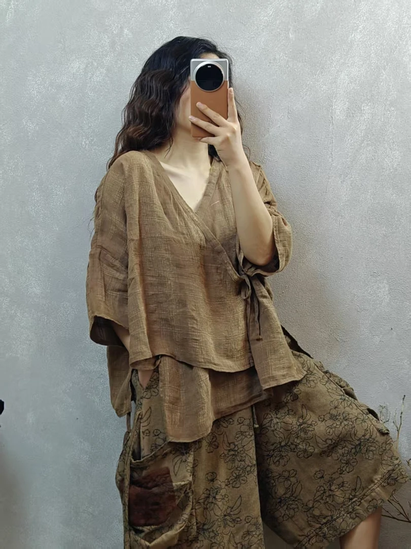 新款原创设计师款做旧亚麻拼花茶服衫 短款