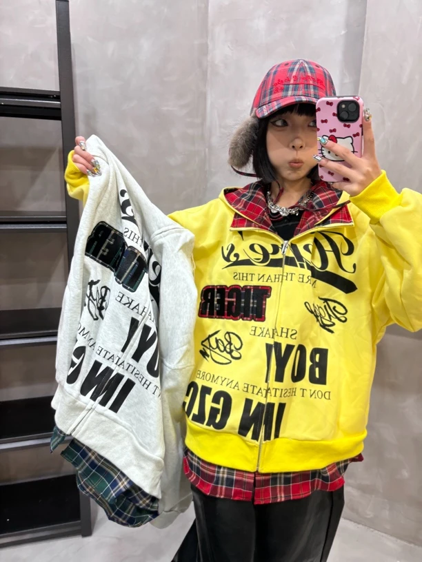 冰淇淋-假两件美式复古格子卫衣外套