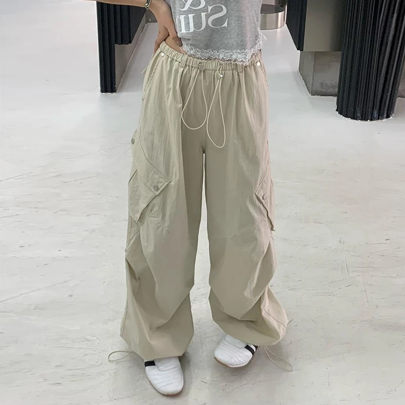 美式复古辣妹口袋工装裤女夏季薄款宽松街舞阔腿裤运动休闲裤子潮