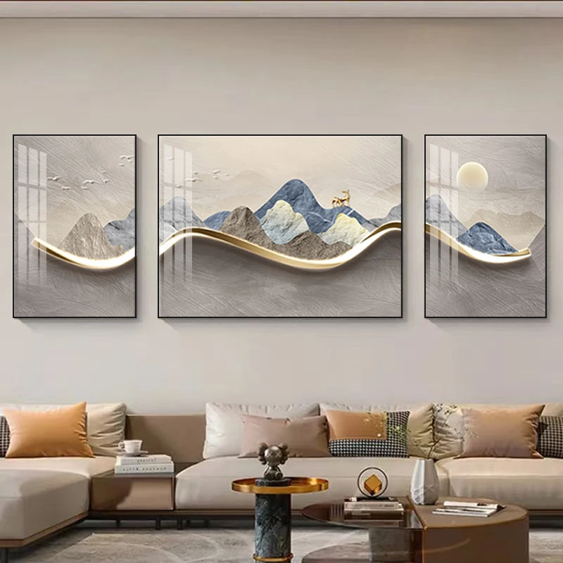 客厅装饰画背有靠山用品高级感抽象轻奢背景墙挂画发财树三联画