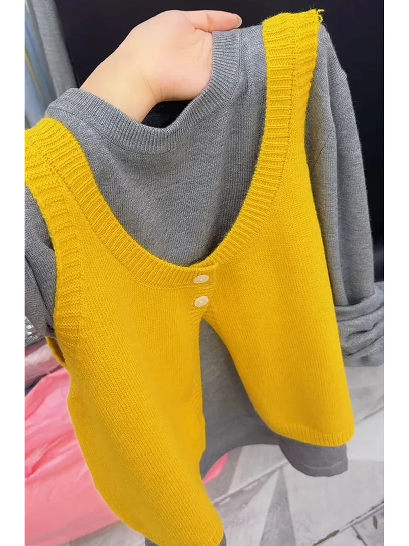 洋气时尚针织两件套女圆领长袖毛衣+无袖背心2025年秋季新款百搭