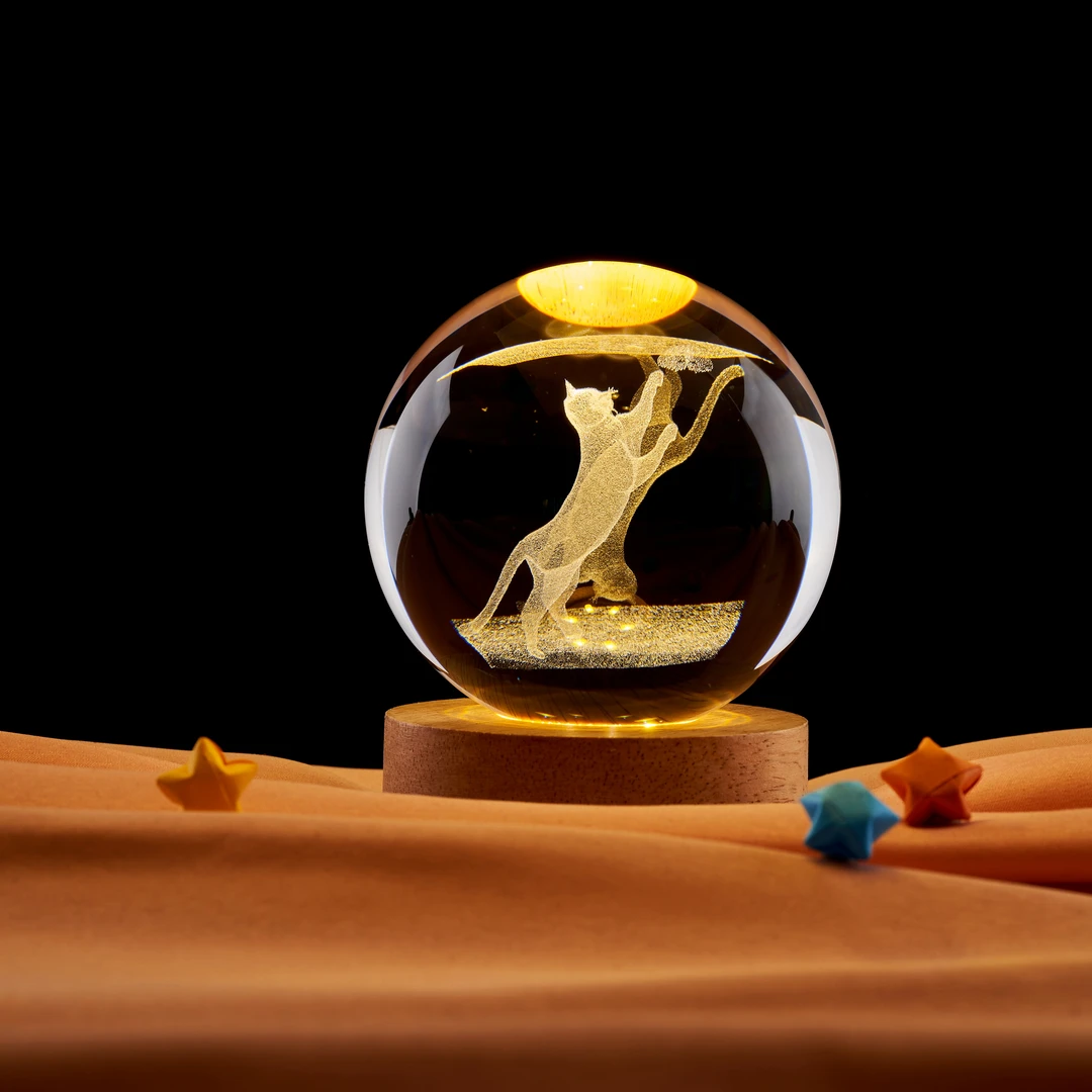 猫咪图案情人节创意发光水晶球小夜灯摆件送女朋友闺蜜生日礼物