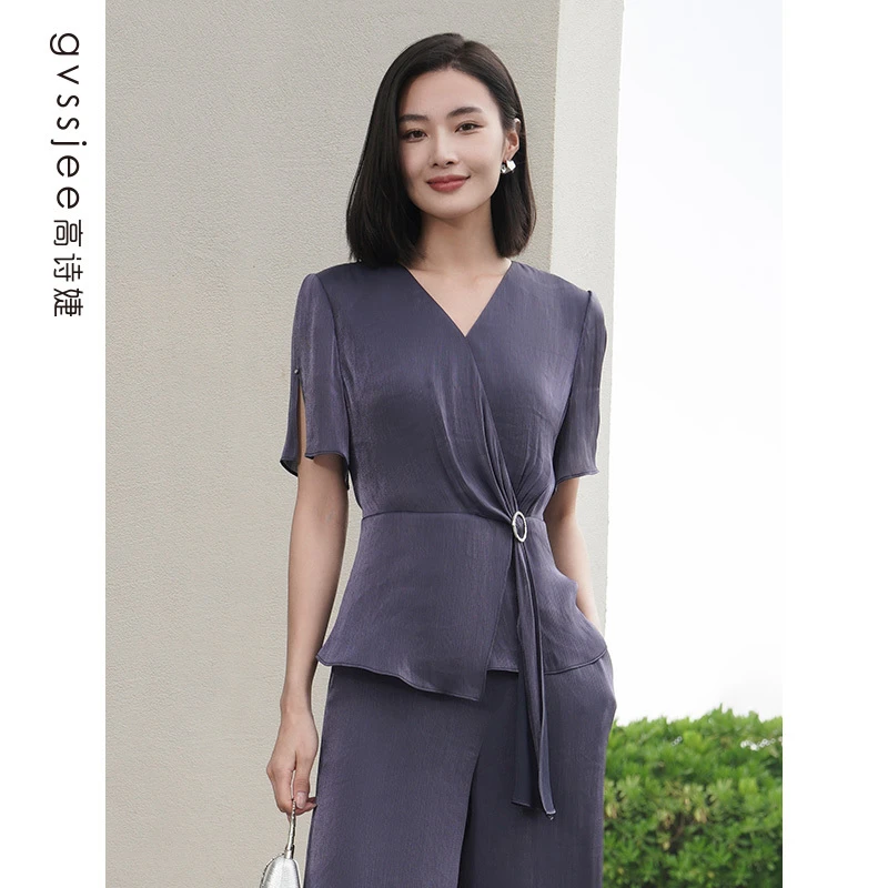 高诗婕夏季新款商场同款V领收腰时尚气质小衫潮242519113-45