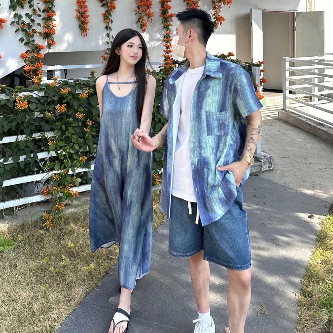 情侣装夏季度假风高级感蓝色扎染宽松慵懒风女吊带裙男短袖衬衫潮