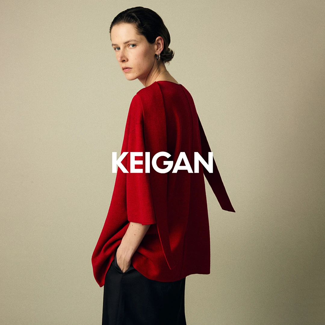 KEIGAN/开间德国可水洗精纺羊毛后领飘带五分袖宽松廓形针织短袖