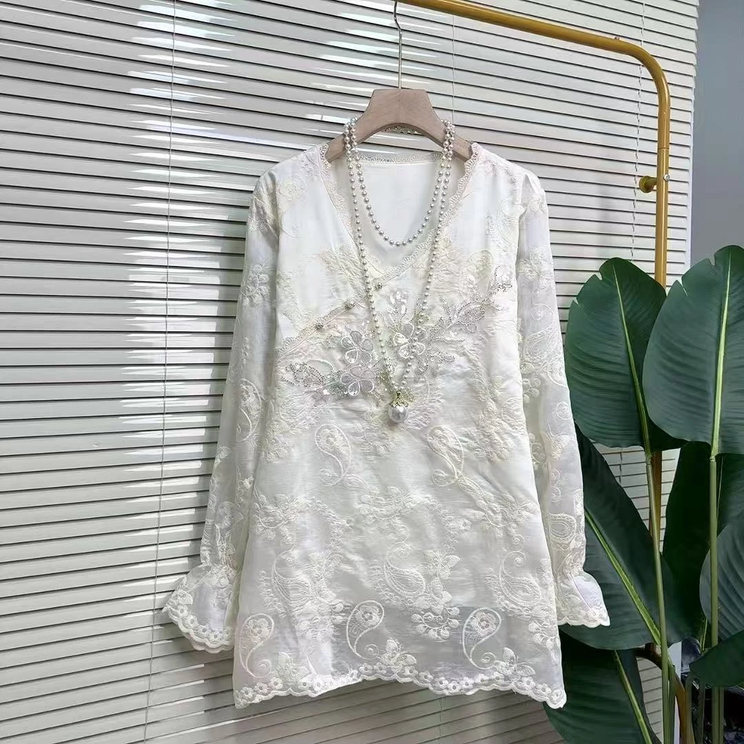 2025亮片刺绣新款复古大码女装秋冬宽松洋气时尚蕾丝镂空通勤减龄