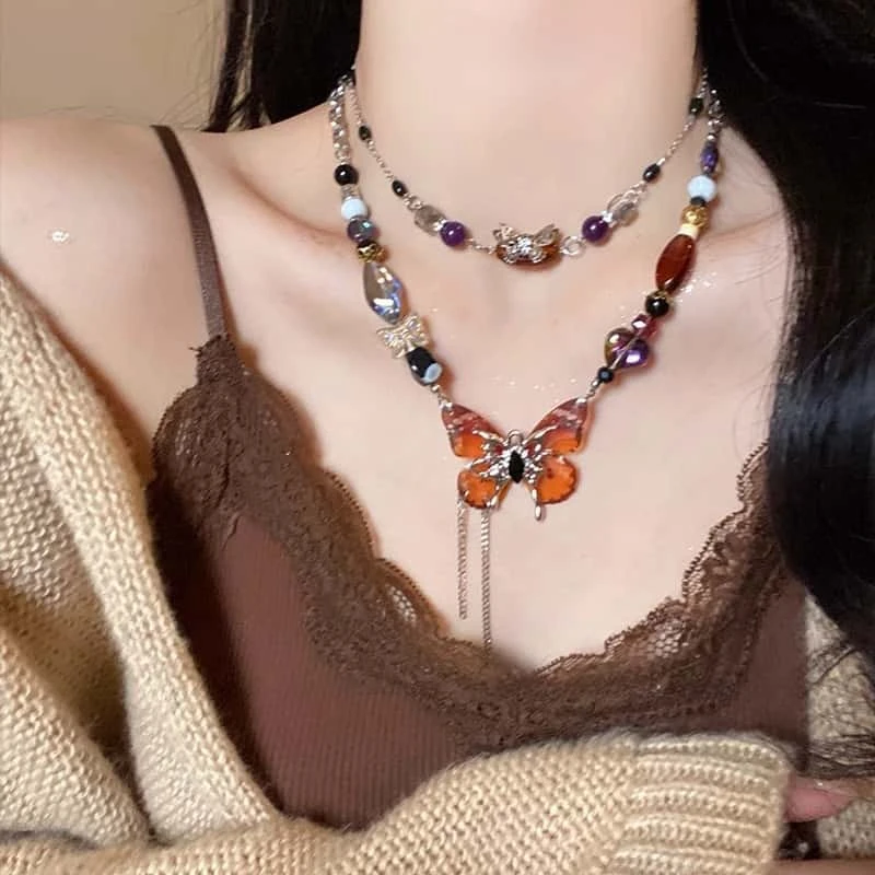合金项链 美晕！美拉德蝴蝶双层项链女神轻奢小众高级感个性锁骨链