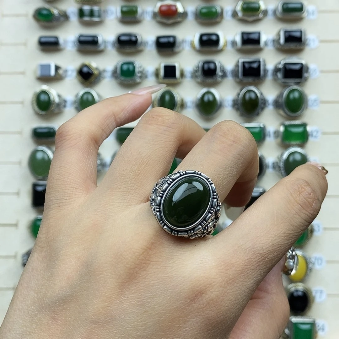 和田玉戒指银S925镶嵌云*梦