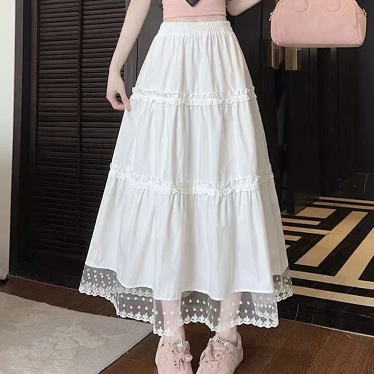 白色蕾丝边蛋糕裙高腰半身裙森系设计感大摆长裙女