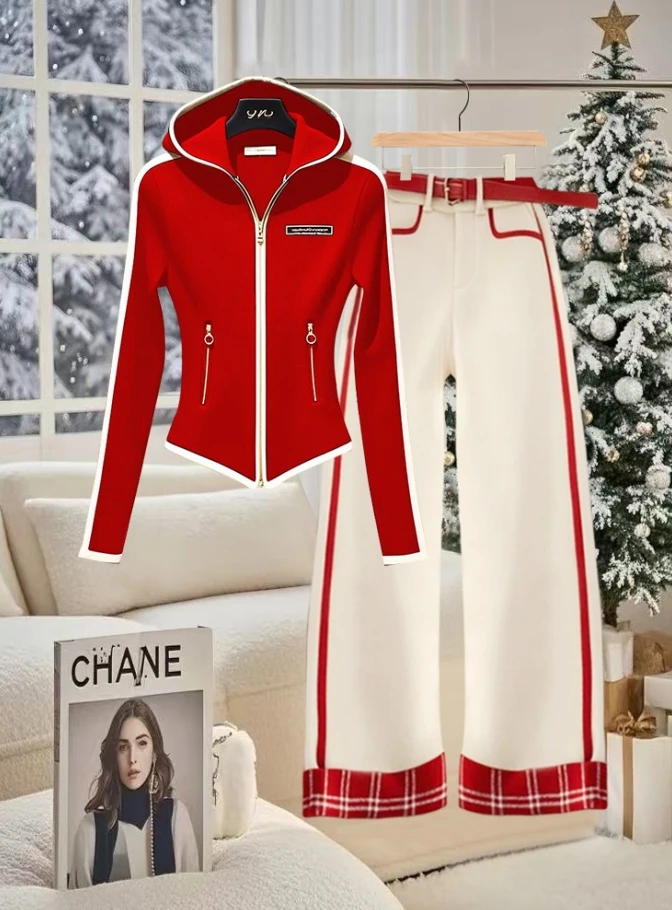 2025爆款运动休闲红色连帽卫衣套装女早春超好看收腰显瘦一整套潮