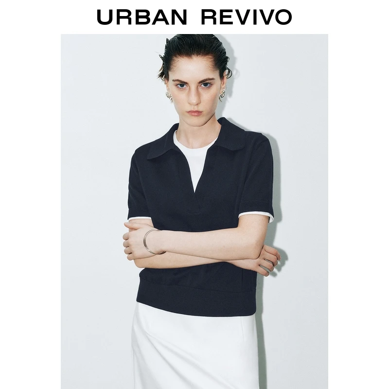 UR2026春季新款女装格雷系学院风假两件短袖针织衫UWM950057