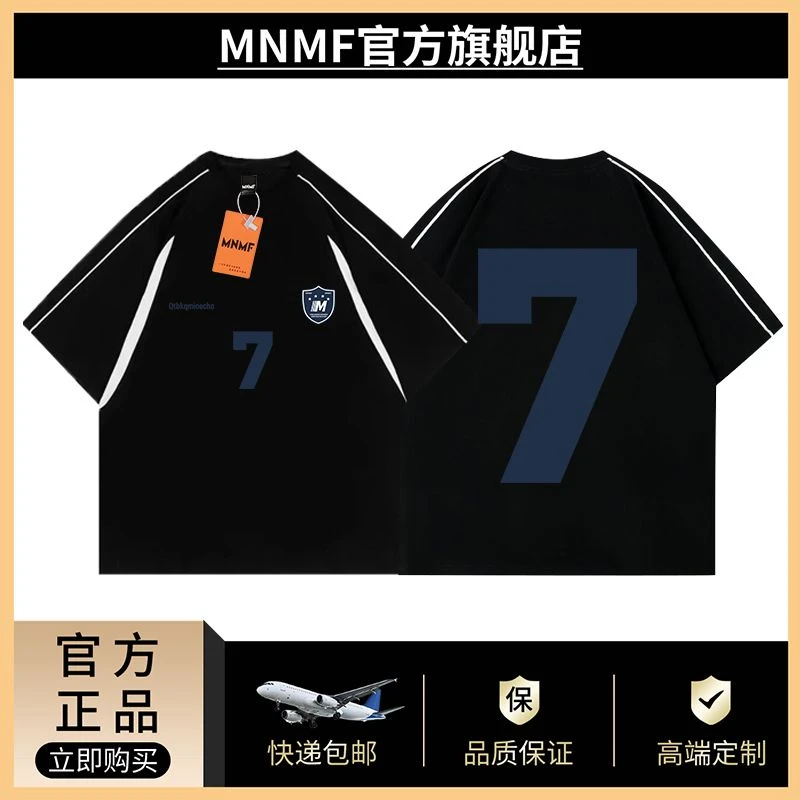 潮牌美式数字7印花设计感落肩条纹短袖T恤夏季男女款宽松运动上衣