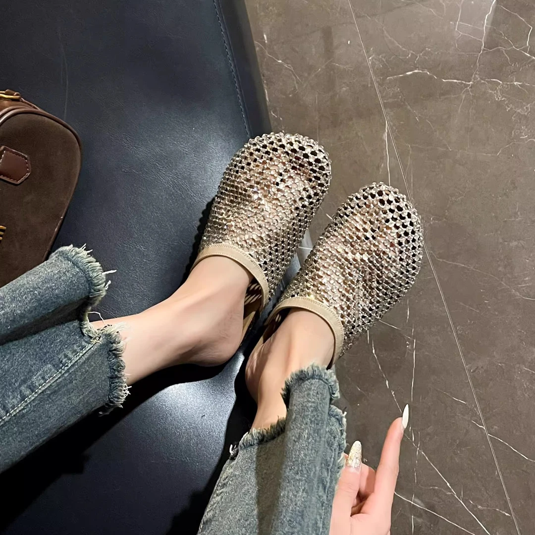 镂空包头拖鞋女2025年新款时尚百搭满钻平底凉拖鞋夏季凉爽懒人拖