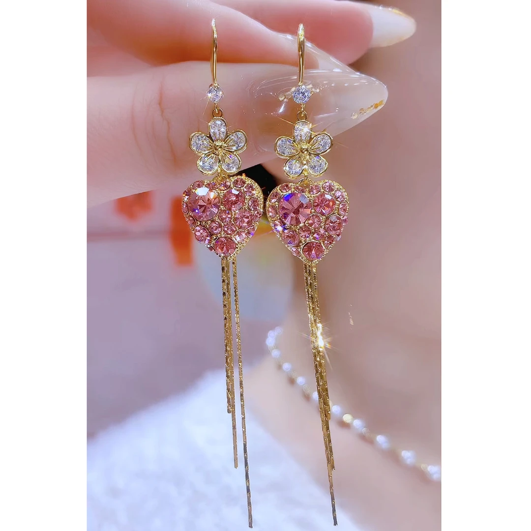 铜合金合成锆石耳饰 优雅气质个性长款显瘦粉色爱心花朵耳环