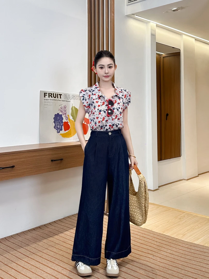 夏季碎花T恤百搭设计感花苞袖时尚2025爆款网红女上衣