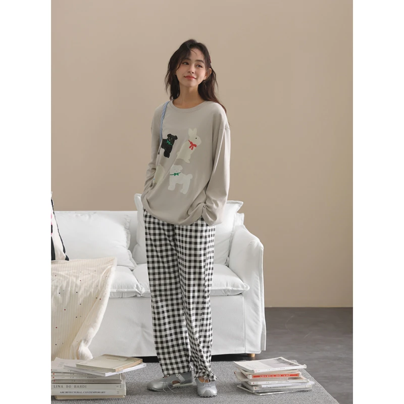 【美家臣】睡衣女春秋新款针织棉卡通长袖家居服格子长裤两件套装