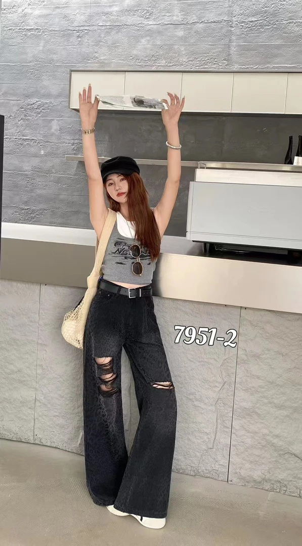 新款小众设计豹纹破洞宽松显瘦阔腿牛仔裤夏季薄款7951
