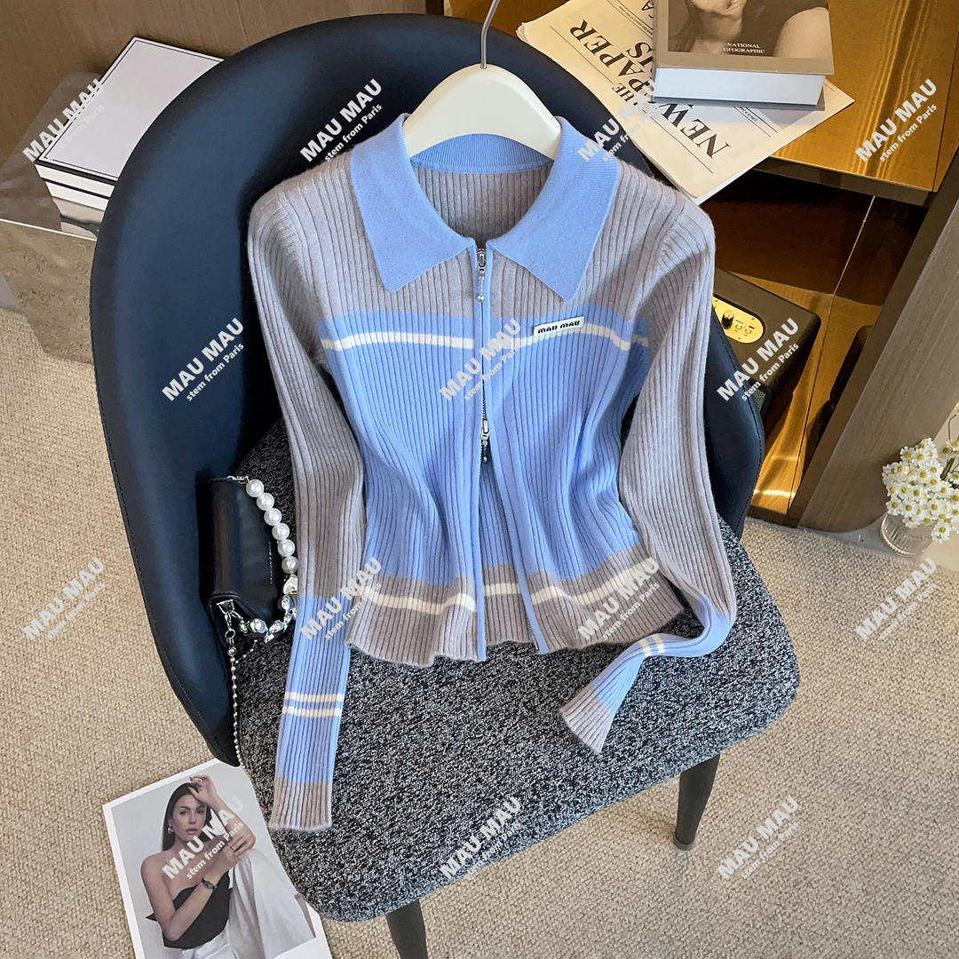 2025新款撞色拼接翻领拉链针织衫MAU1824