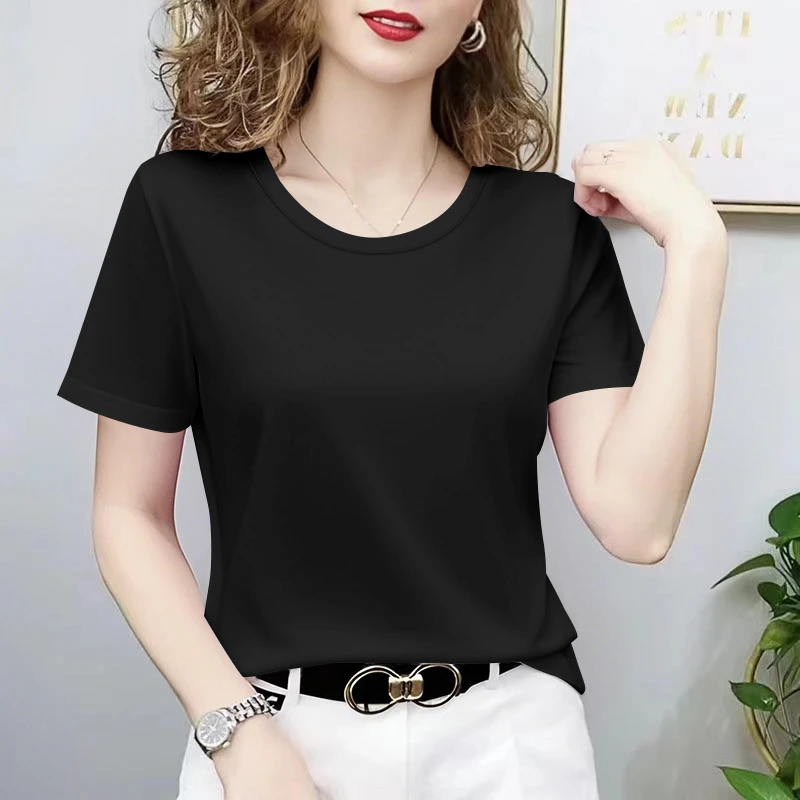韩版热卖短袖t恤女夏季宽松正肩冰丝圆领打底内搭面膜上衣半袖t恤