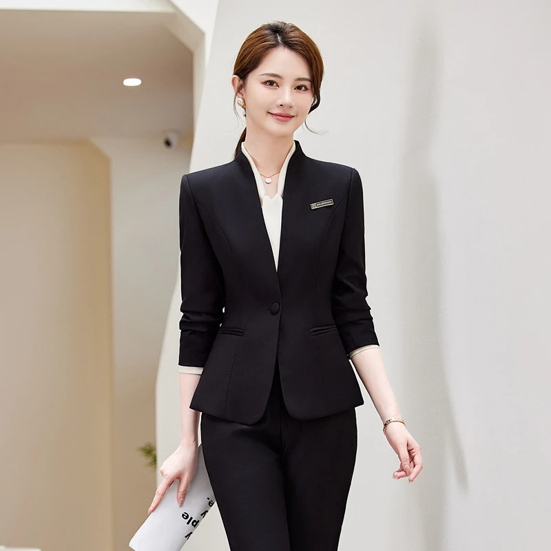 无领职业正装西装套装女2025新款珠宝店美容院工装套裤酒店工作服