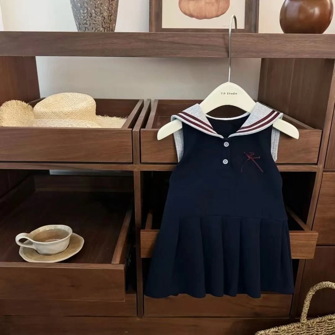 韩版女童学院风连衣裙夏装2025新款小女孩时髦网红蓝色背心裙7436