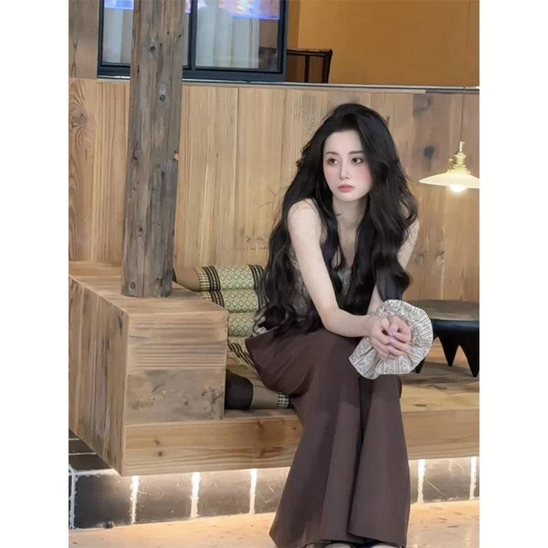 2025新款女士夏季辣妹修身显瘦无袖抹胸背心上衣高腰宽松阔腿裤