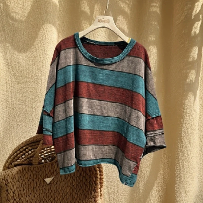 真真推荐宽松休闲横条百搭体恤针织文艺拼接时尚潮流85至150斤