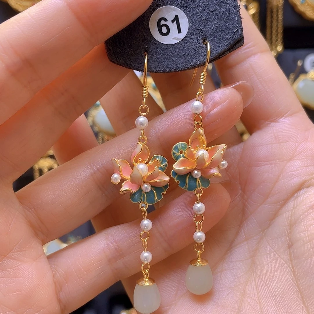 和田玉银S925镀金镶嵌耳饰