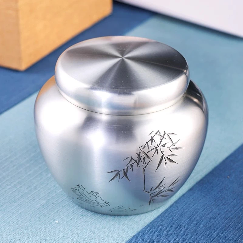 善锡堂纯锡茶叶罐闲庭影茶仓300g大号手工雕刻本色密封罐个旧锡器