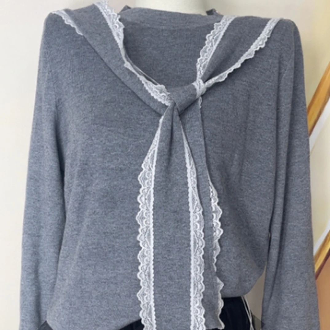 【A01】韩版收腰显瘦海军领蕾丝花边针织毛衣气质内搭上衣