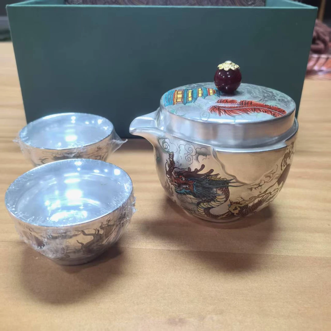 鎏银茶杯高端陶瓷999茶具龙凤杯一对龙凤呈祥手抓壶1018