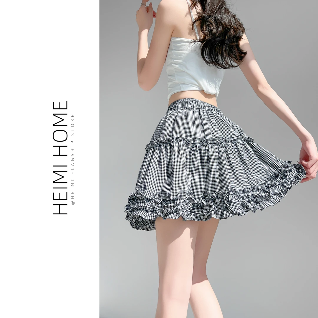 芭蕾风木耳花边格子半身裙女夏季款高腰a字蓬蓬裙小个子蛋糕短裙