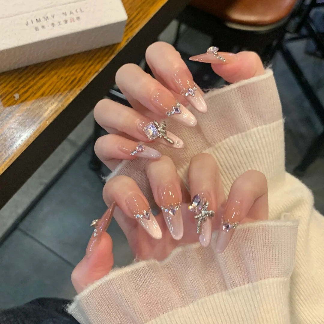 公主风粉色法式显白猫眼爆闪手工高级温柔穿戴美甲片冰透纯欲夏日