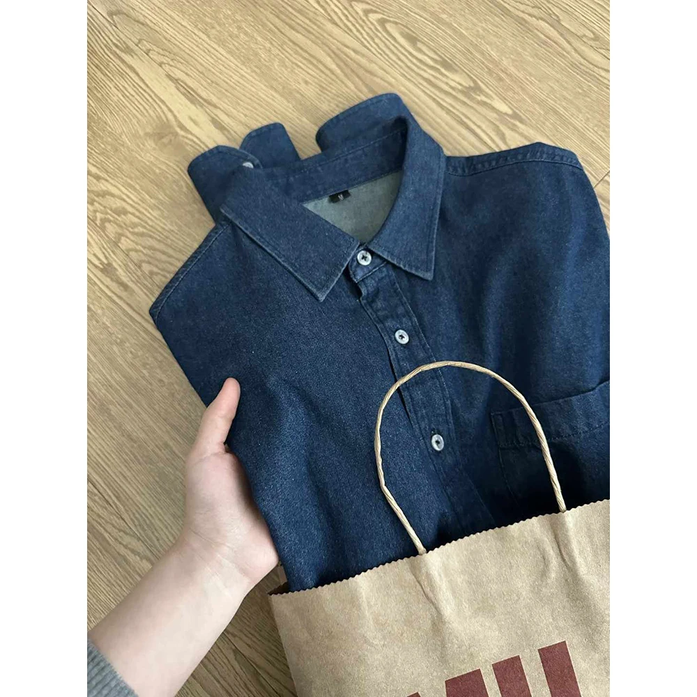 深蓝色牛仔长袖衬衫男款春秋季美式复古工装衬衣日系cityboy外套