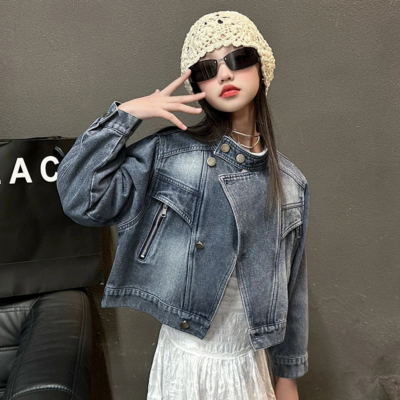 女童春季时尚吊款牛仔蝙蝠衫2025新款中大童洋气复古牛仔外套上衣