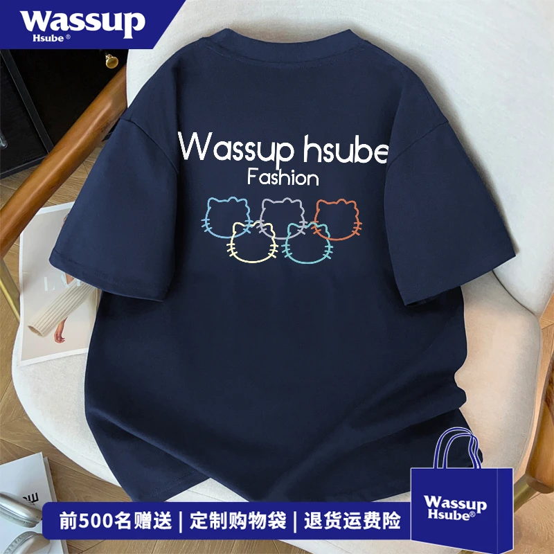 WASSUP HSUBE潮牌线条猫咪英文短袖T恤男夏季新款纯棉藏青色上衣