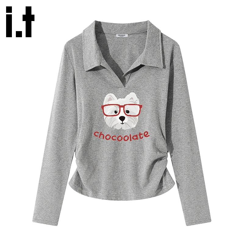 it :CHOCOOLATE灰色正肩polo领长袖t恤女2025秋上新褶皱收腰上衣