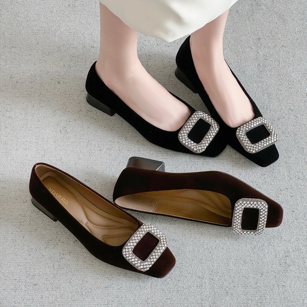 Y1621方头水钻粗跟韩版法式浅口单鞋尖头女鞋欧若假日风