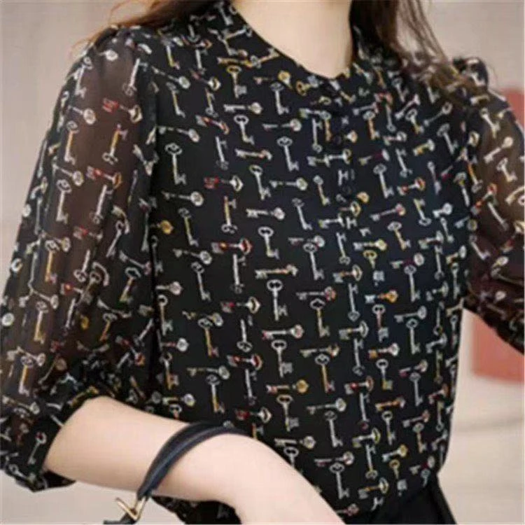 高档衬衫女七分袖秋季新款气质减龄百搭上衣宽松显瘦碎花小衫