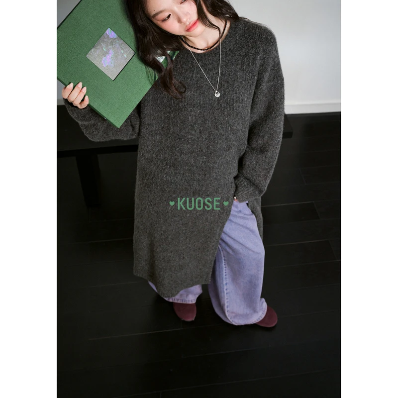 阔色灰色开叉毛衣女2025秋冬新不规则外塔宽松针织衫KSH2510006