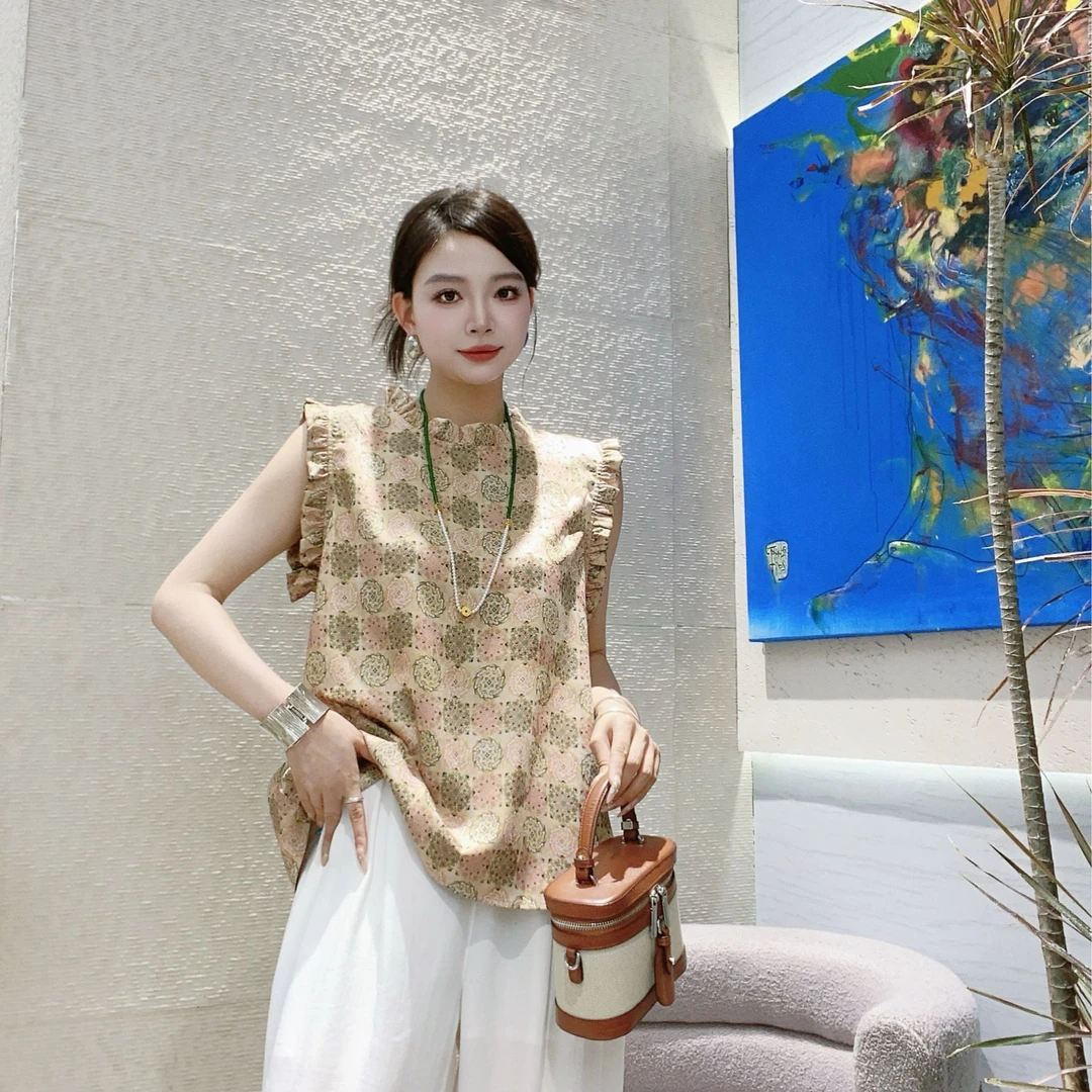 M52A022慕之淇莱赛尔+亚麻荷叶领复古格子显瘦百搭上衣