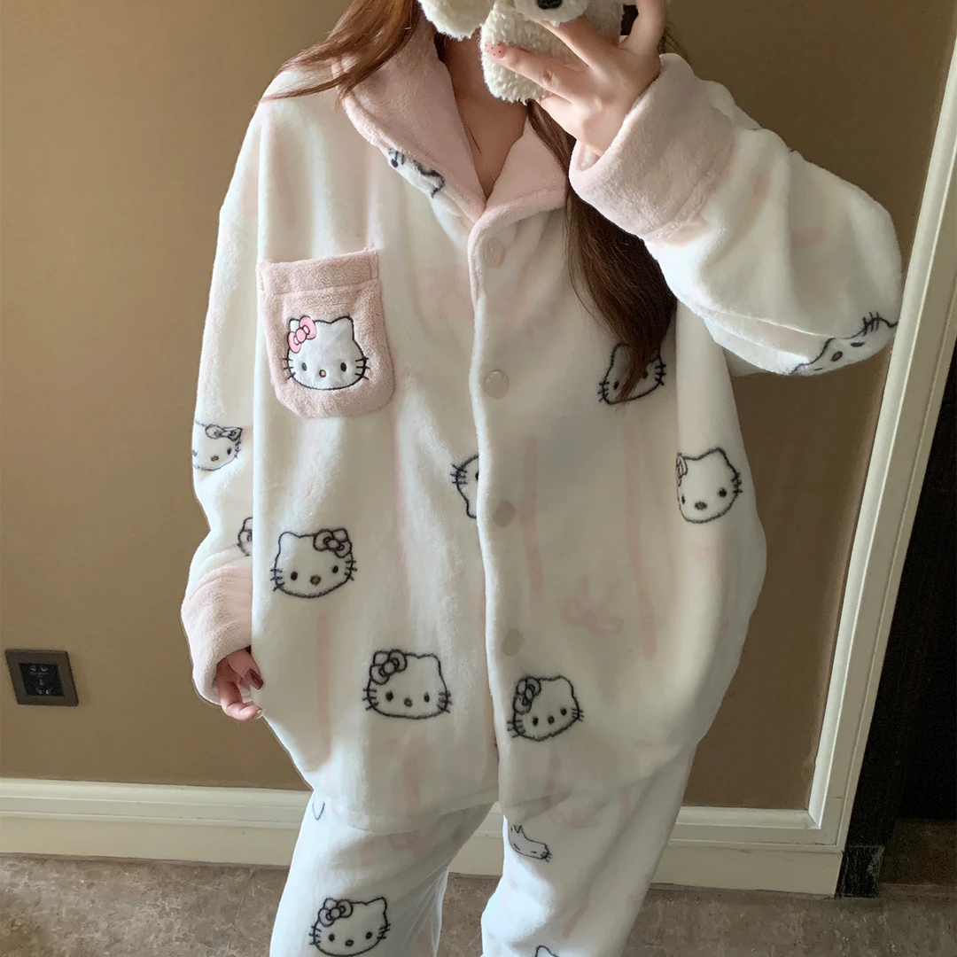 睡衣女秋冬季珊瑚绒大码加厚2025新款法兰绒kt猫套装可外穿家居服