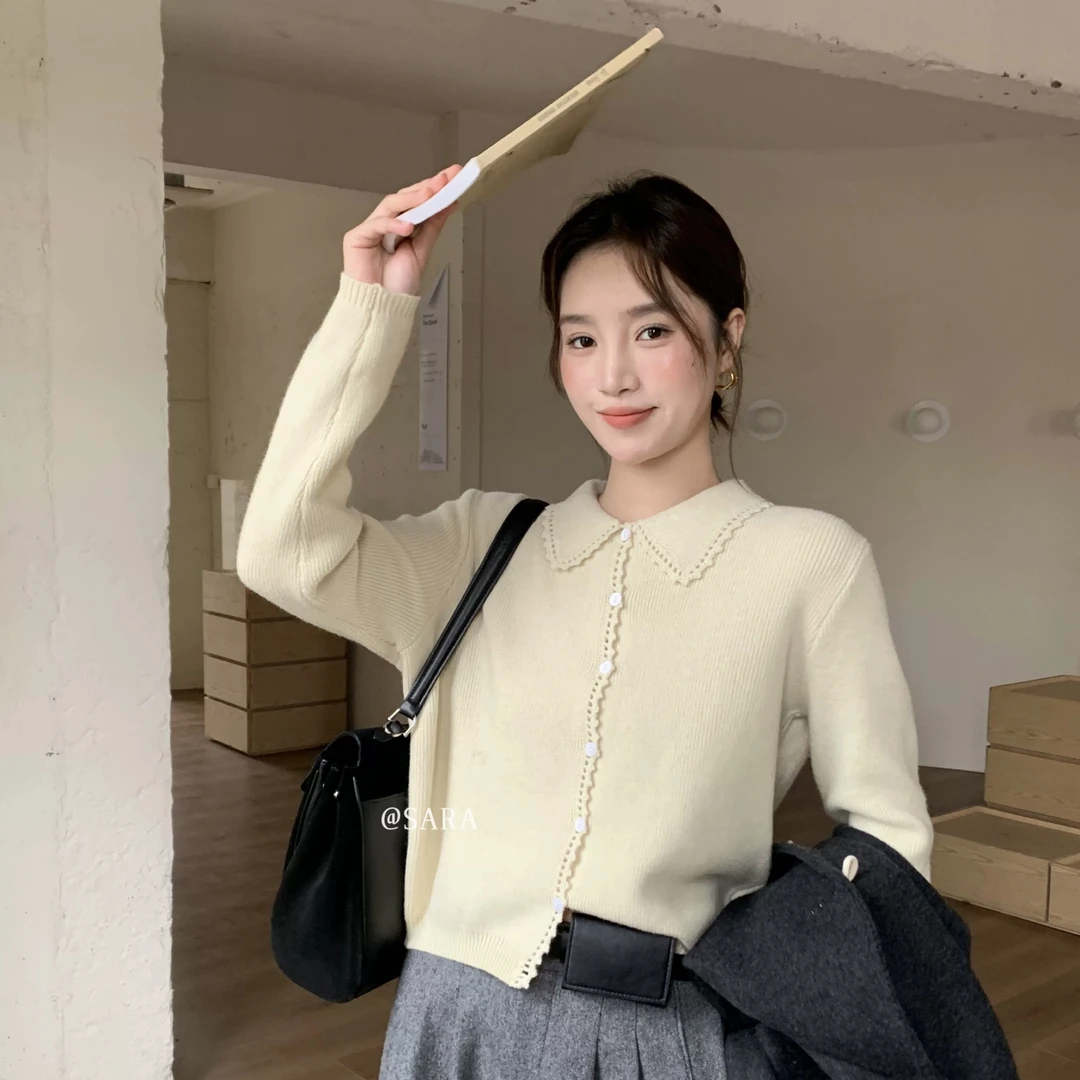 韩系甜美减龄翻领单排扣毛衣2025年秋冬气质百搭针织开衫