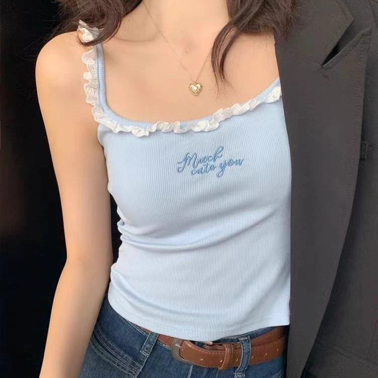 夏季纯欲风吊带背心女带胸垫辣妹多巴胺花边短款修身内搭外穿上衣