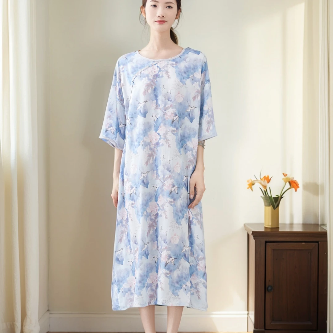 夏季睡裙连衣裙成人时尚休闲圆领大码中长裙短袖宽松透气棉绸睡裙
