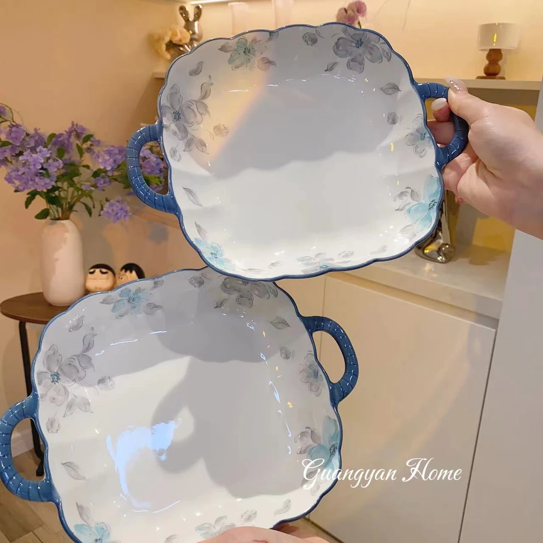 青蘅染黛釉下彩创意陶瓷餐盘家用双耳方盘菜盘深汤盘早餐盘