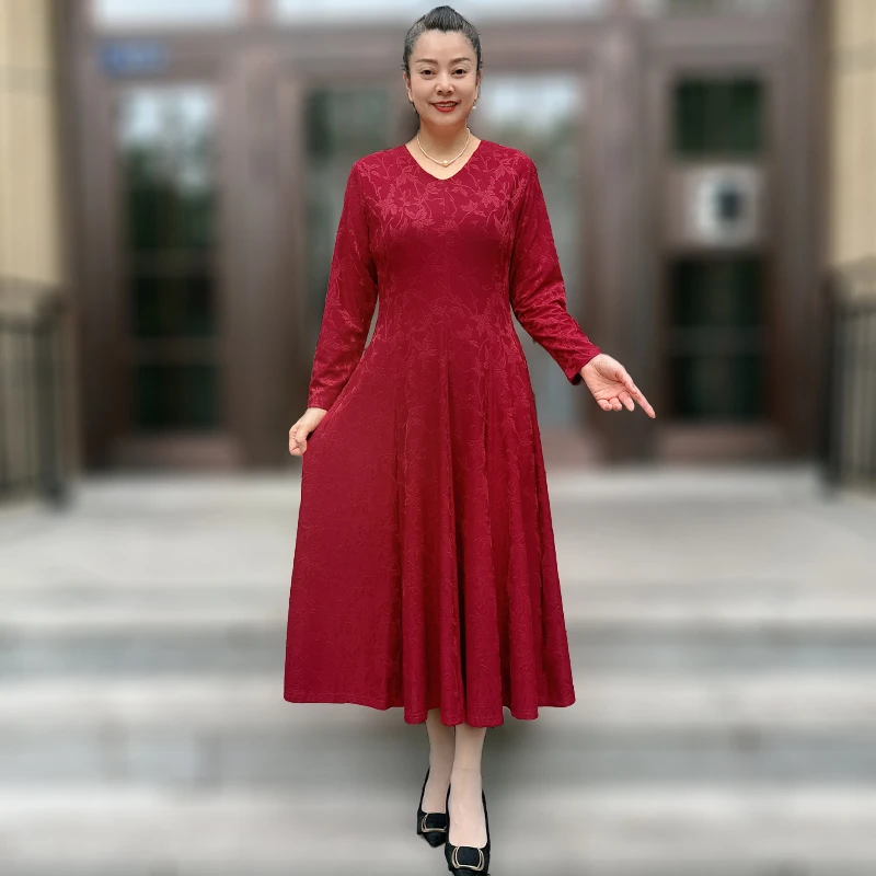 秋季长袖V领提花气质长裙遮肚子弹力妈妈装大摆连衣裙显瘦打底裙